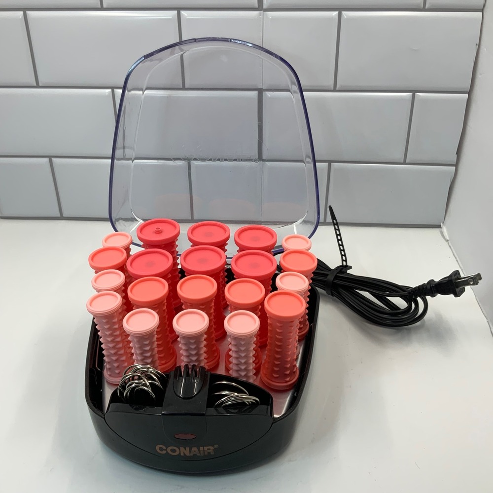 Conair Instant Heat Hair Setter 20 Ribbed Rollers 3 Sizes Pink HS83R Clips Base - Picture 2 of 7